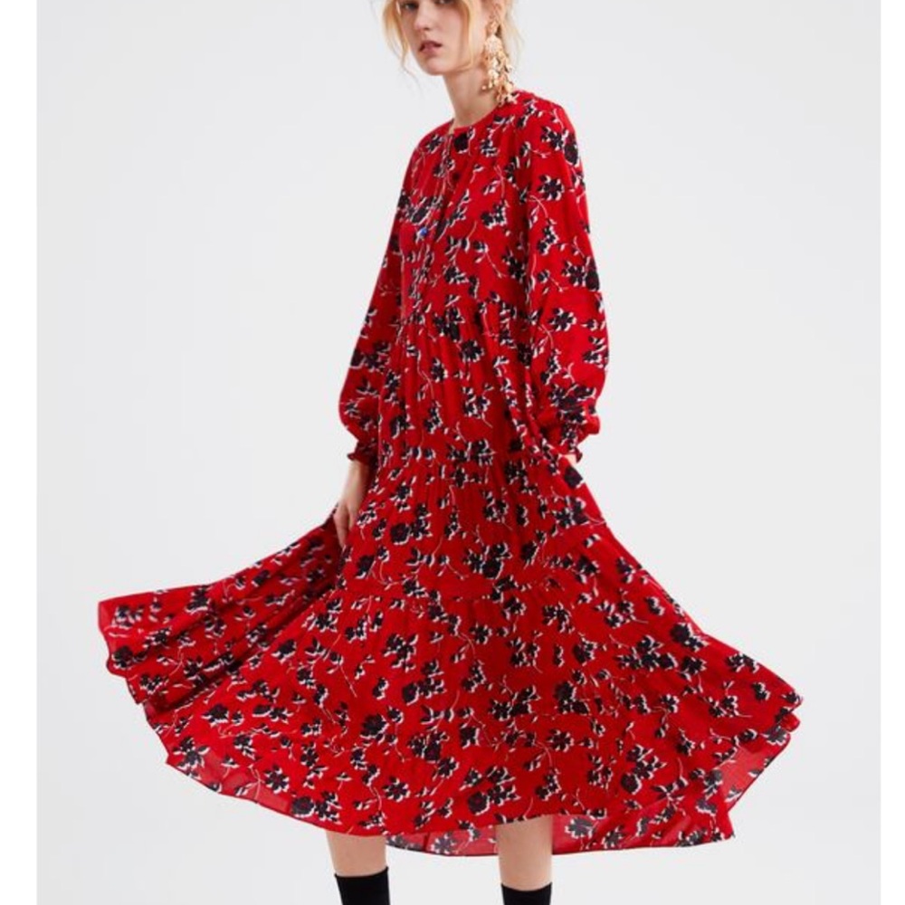 Zara Red Floral Long-Sleeve Midi Dress
